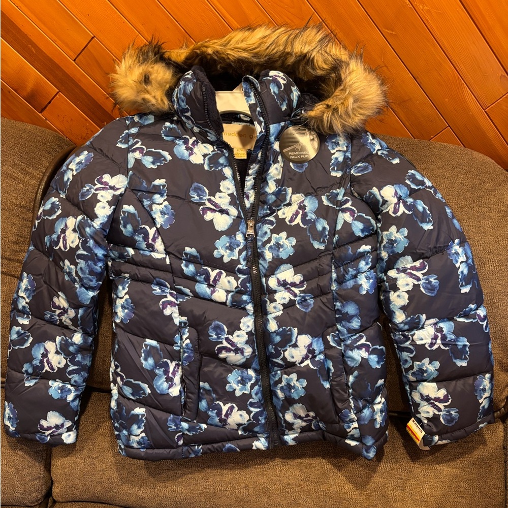 Madden Girl Navy Floral Puffer Coat with Faux Fur Trim